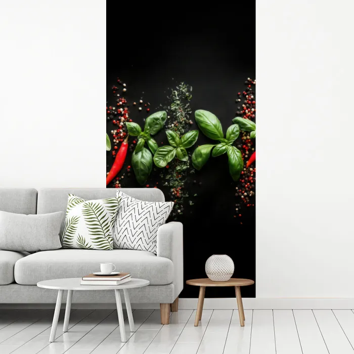 Chilipepers - Basilicum - Blaadjes - Rood fotobehang vinyl groot -woonkamer