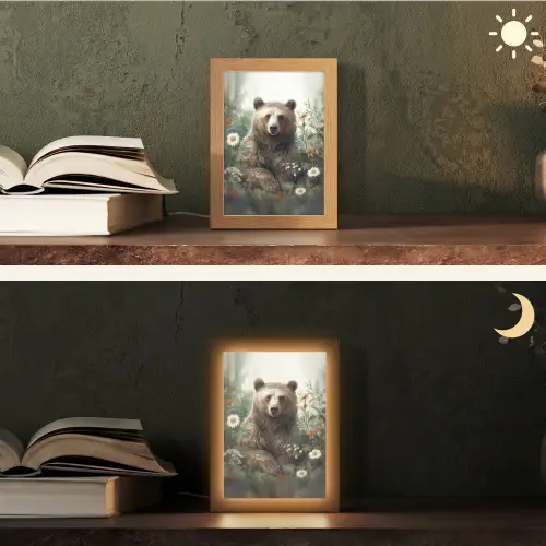 Bruine beer - Wilde dieren - Bloemen - Planten Light Box met kabel (Tafellamp) klein -sfeer3