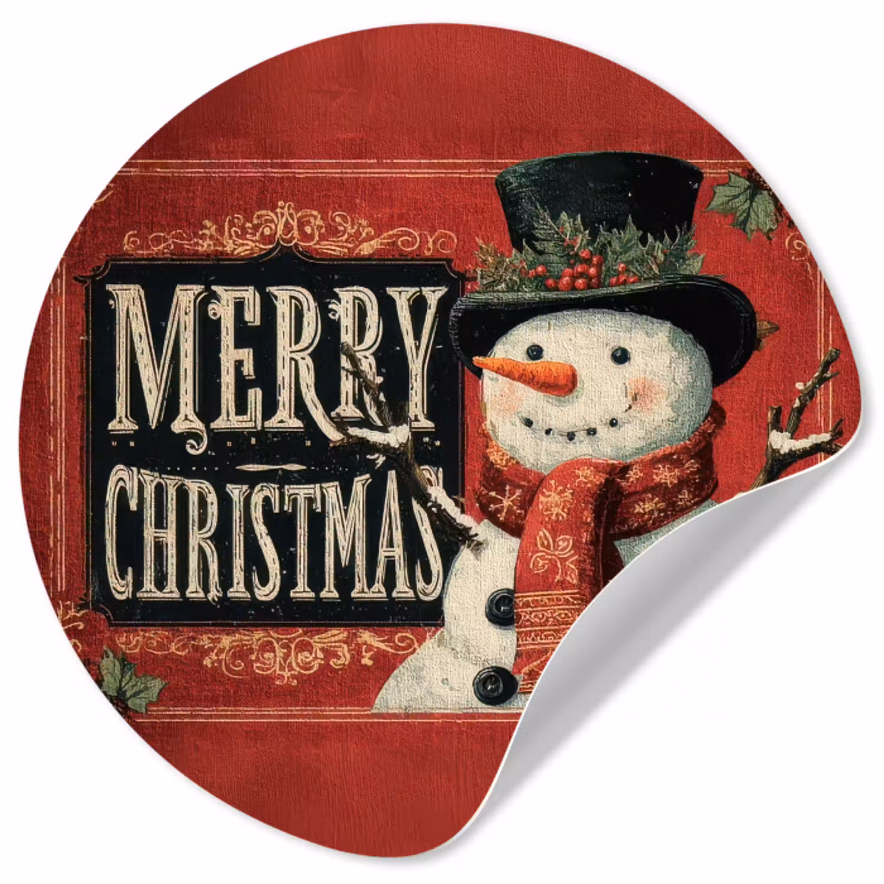 Klassiek - Kerstgroet - Sneeuwpop - Rood Wandcirkel behangsticker klein -3d