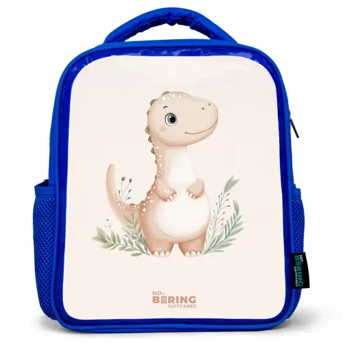 Beige dinosaurus met groene blaadjes Kinderrugzak - Blauw middel -3d