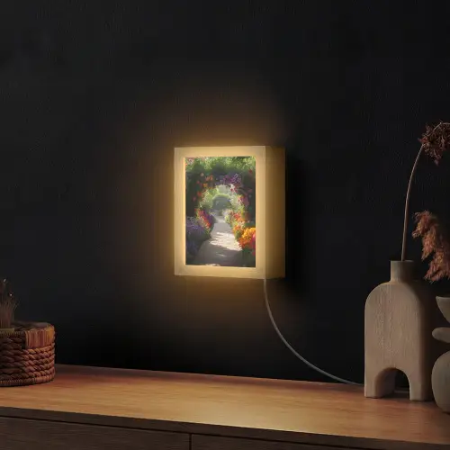 Doorkijk - Pad - Bloemen - Struik - Kleurrijk Light Box met kabel (Wandlamp) klein -sfeer1