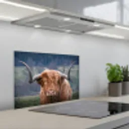 Schotse Hooglander - Koeienkop - Landschap - Natuur - Koe keuken achterwand spatscherm klein -3d_schuin