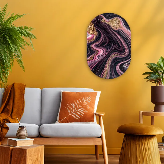 Marmerlook - Roze - Paars - Goud - Luxe - Marmer Wandcirkel Ovaal Forex klein -sfeer4