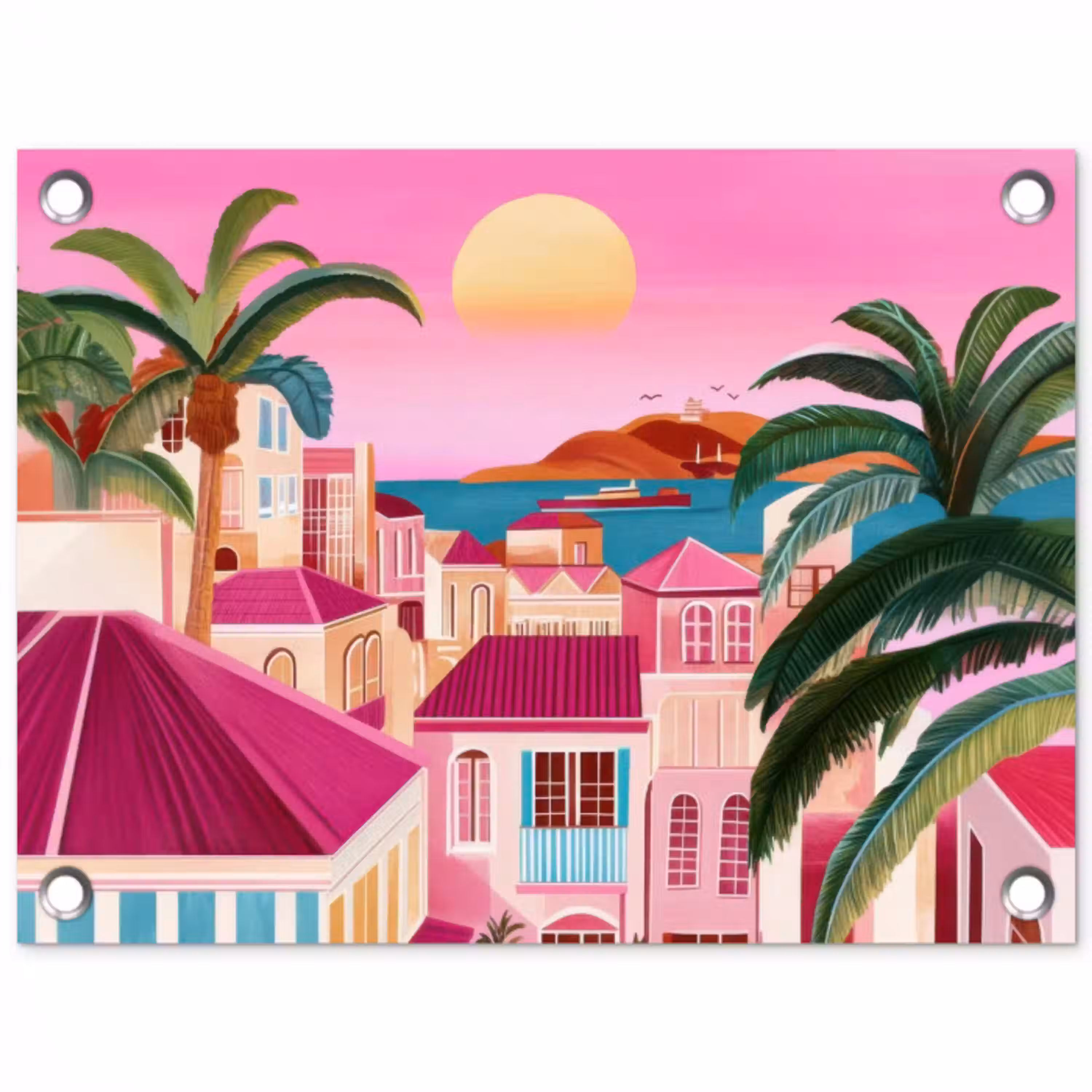Stad - Roze - Palmbomen tuinposter los doek klein -3d