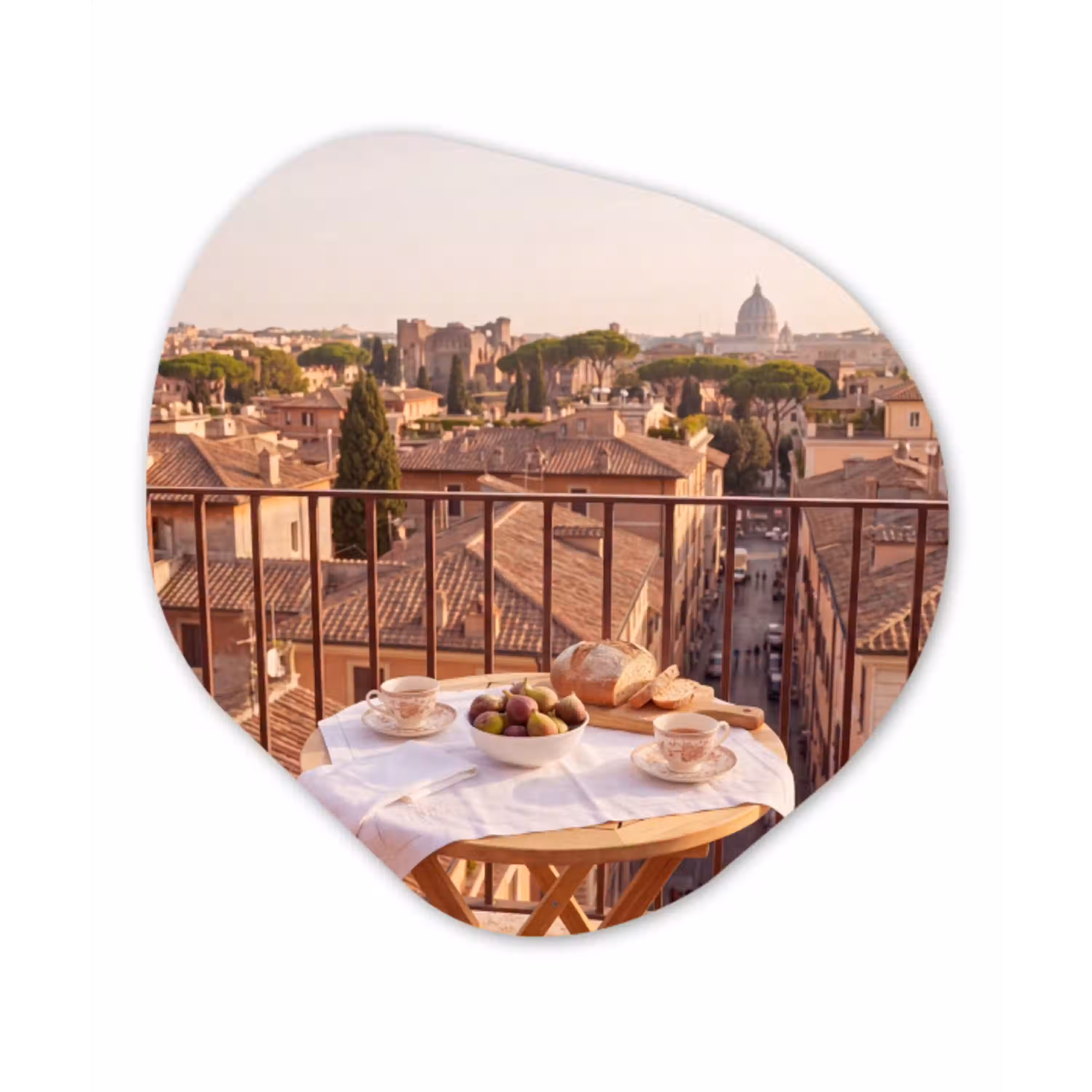 Eten - Ontbijt - Balkon - Stad - Zonsopgang Wandcirkel Organisch Forex 3mm klein -3d