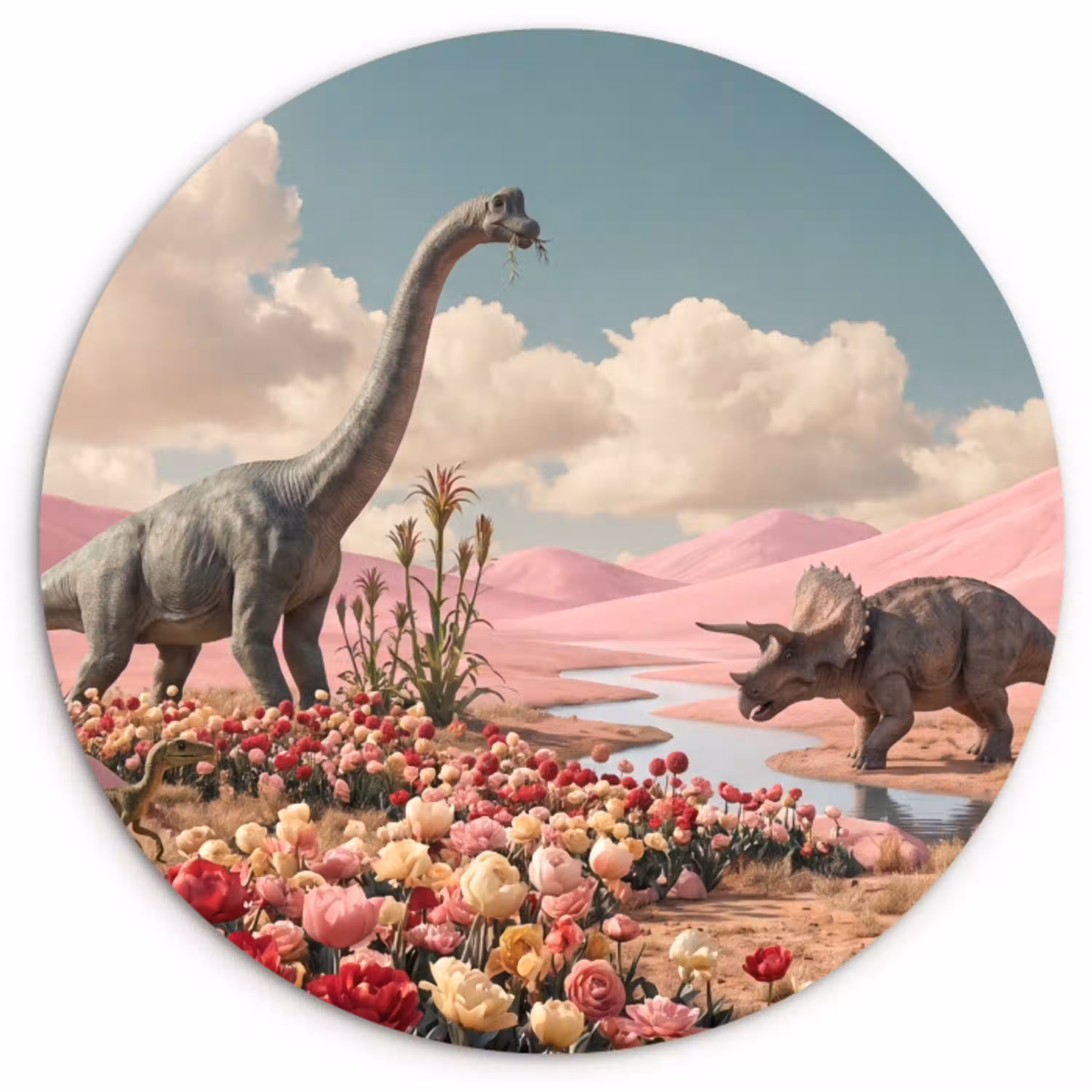 Dinosaurus - Roze - Landschap Wandcirkel kunststof plaat 5mm dik klein -3d