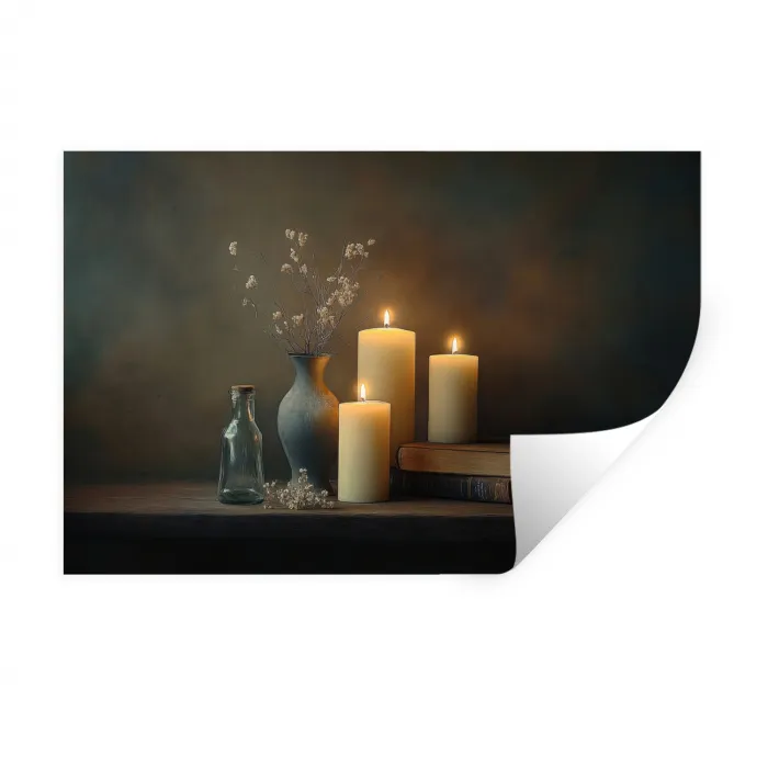Kaarsen - Stilleven - Rustiek - Boeken Muursticker klein -3d