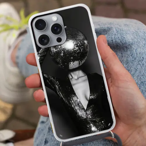 Discobal - Gezicht - Glamour - Zwart Hoesje iPhone 16 Pro Max met koord klein -sfeer3