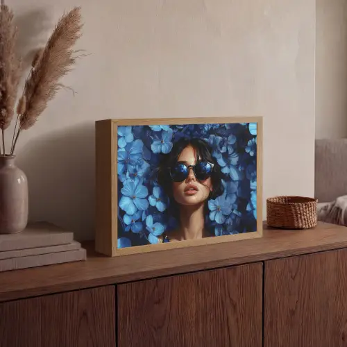 Vrouw - Blauw - Bloemen - Vlinders - Natuur Light Box met batterij (Wandlamp) middel -sfeer2
