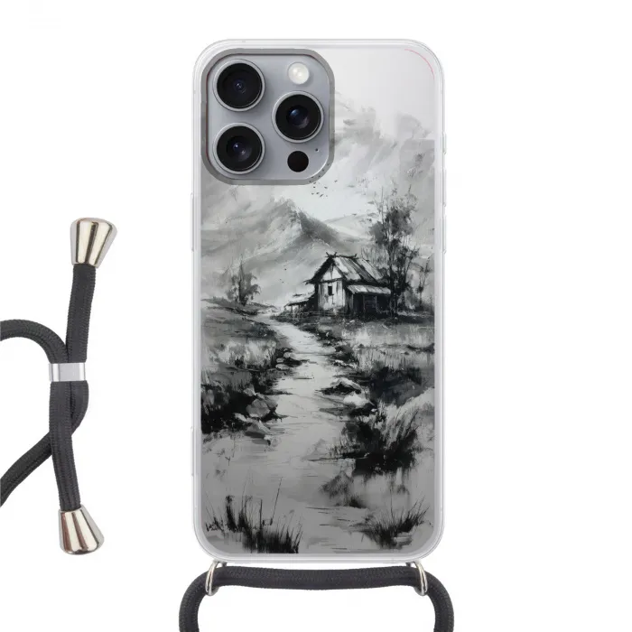 Hut - Grijs - Bergen - Mistig Hoesje iPhone 16 Pro Max met koord klein -3d