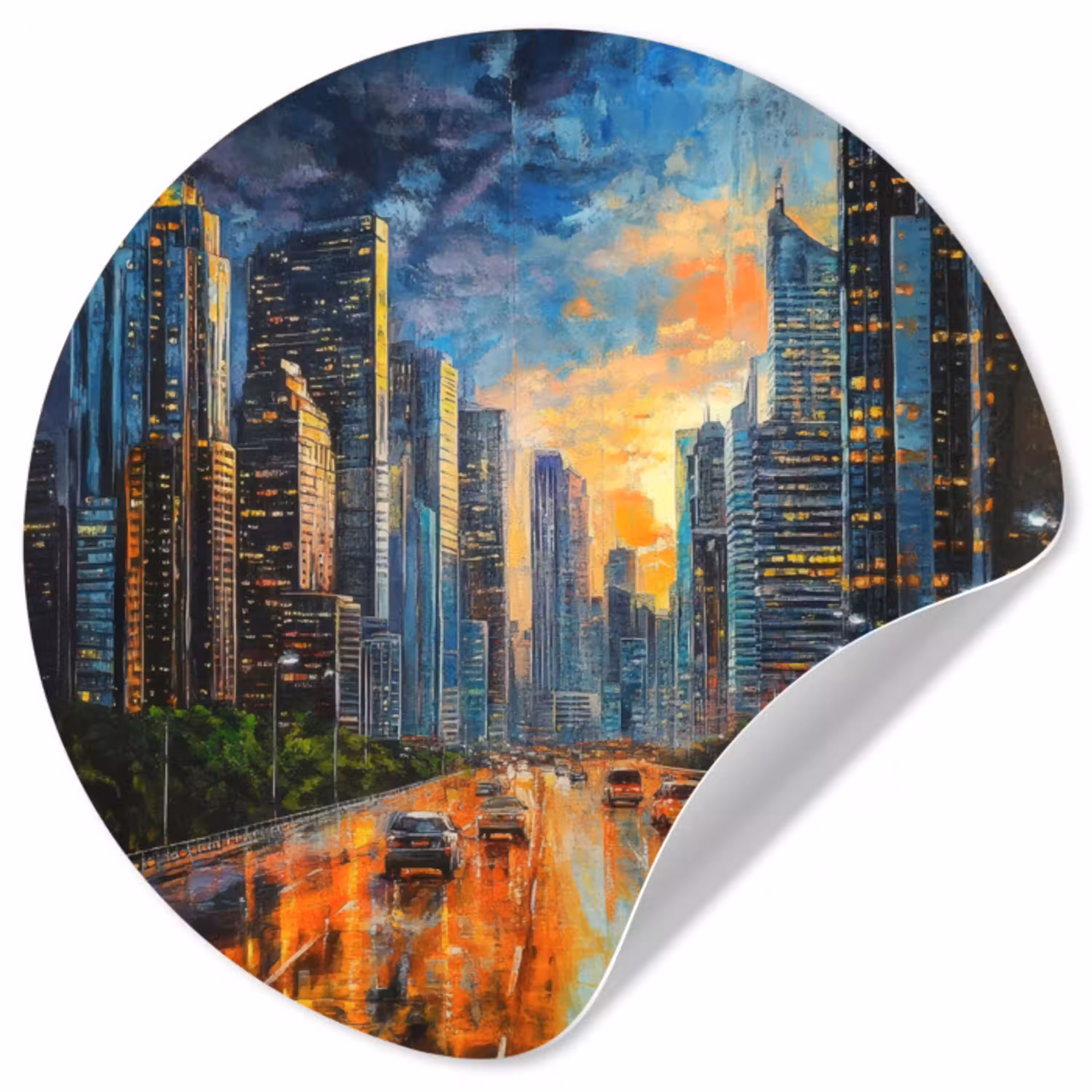 Auto - Skyline - Zon - Blauw Wandcirkel behangsticker klein -3d