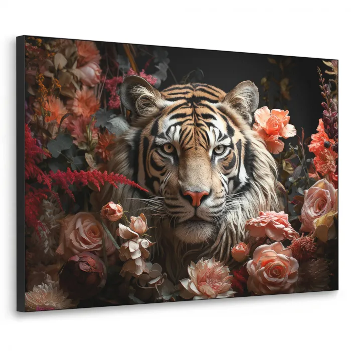 Tijger - Dier - Natuur - Bloemen - Botanisch Textielframe zwart klein -3d