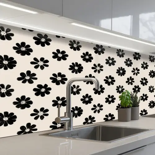 Grafisch - Madeliefjes - Zwart - Beige keuken achterwand 2 middel 871 -3d_schuin
