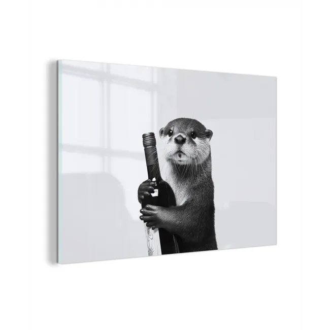 Glas schilderij - Wijnfles - Otter - Zwart