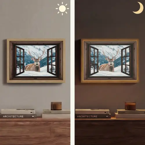 Hert - Landschap - Winter - Natuur - Dieren - Doorkijk - Bergen Light Box met batterij (Wandlamp) middel -sfeer3