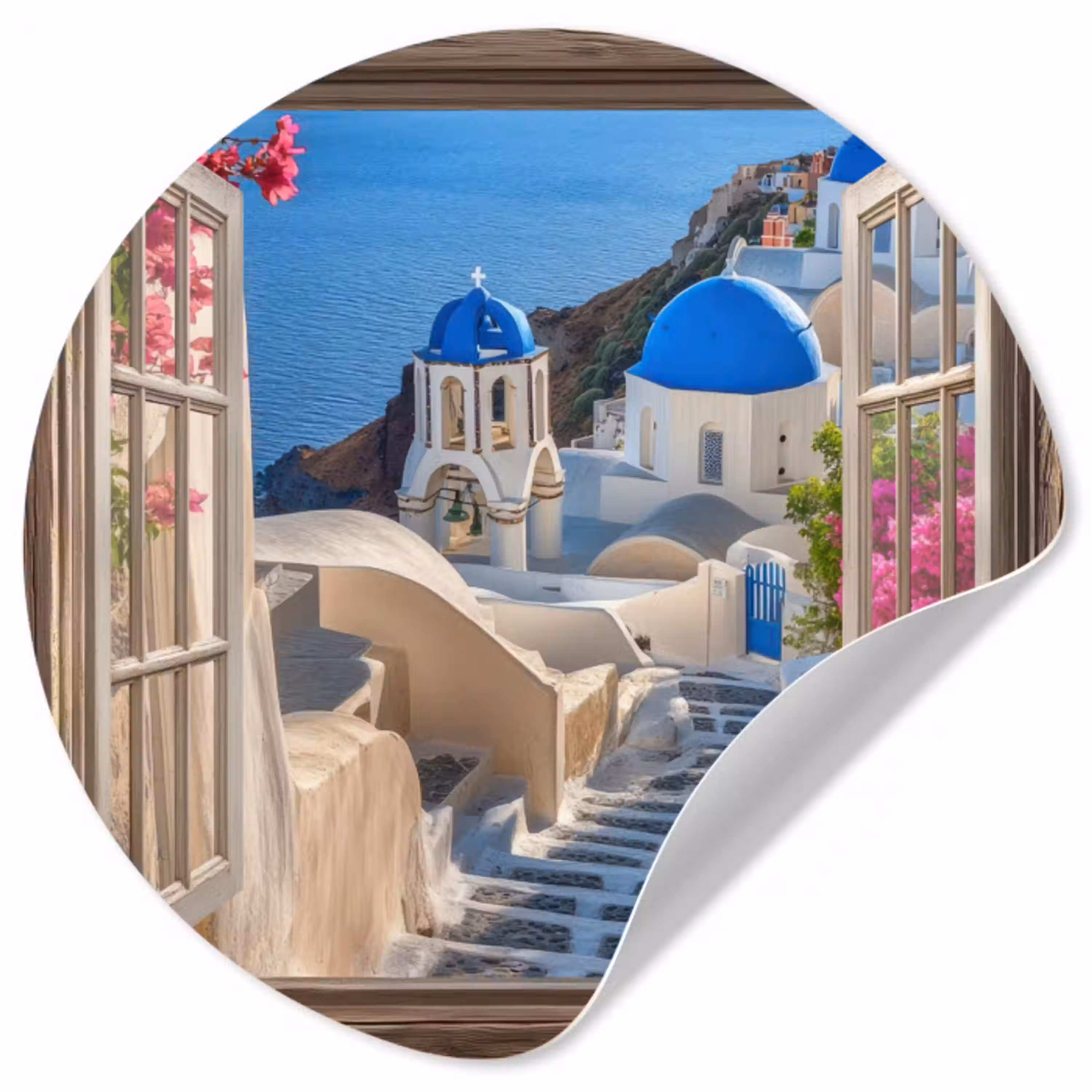 Doorkijk - Santorini - Landschap - Blauw - Grieks Wandcirkel behangsticker klein -3d
