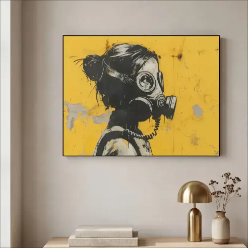 Street art - Meisje - Geel - Banksy Style Textielframe zwart klein -sfeer2