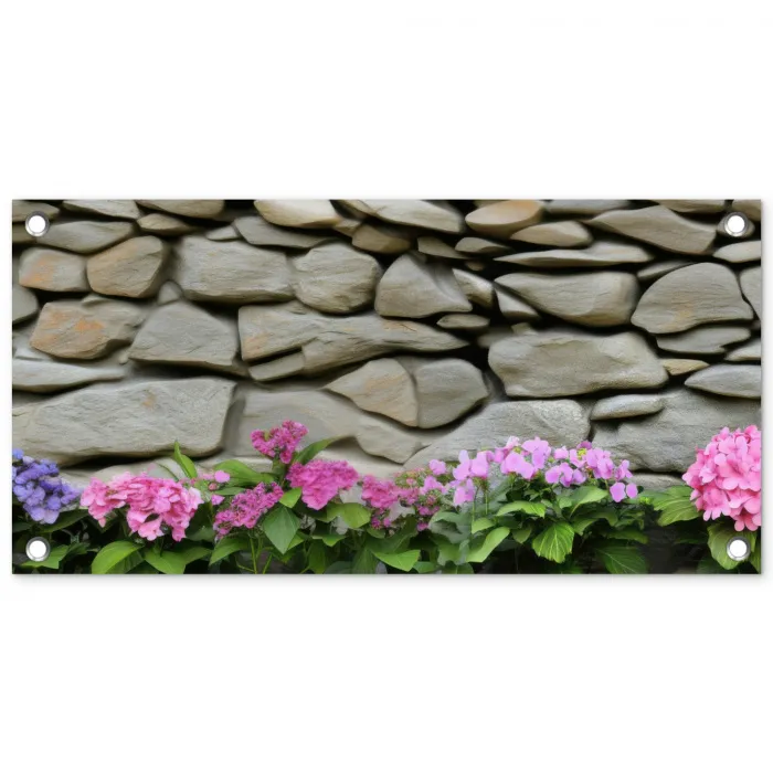 Hortensia’s - Stenen - Muur - Bloemen tuinposter los doek klein -3d