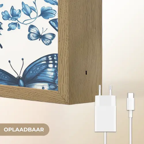Blauw - Vlinders - Bloemen - Wit Light Box met batterij (Wandlamp) middel 907 -USP_websiteoplaadbaarNL