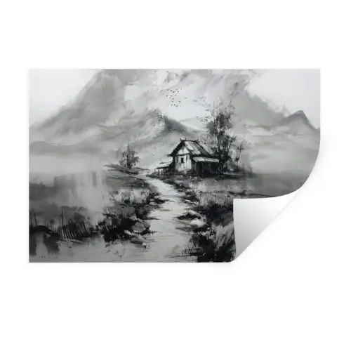 Hut - Grijs - Bergen - Mistig Muursticker klein -3d