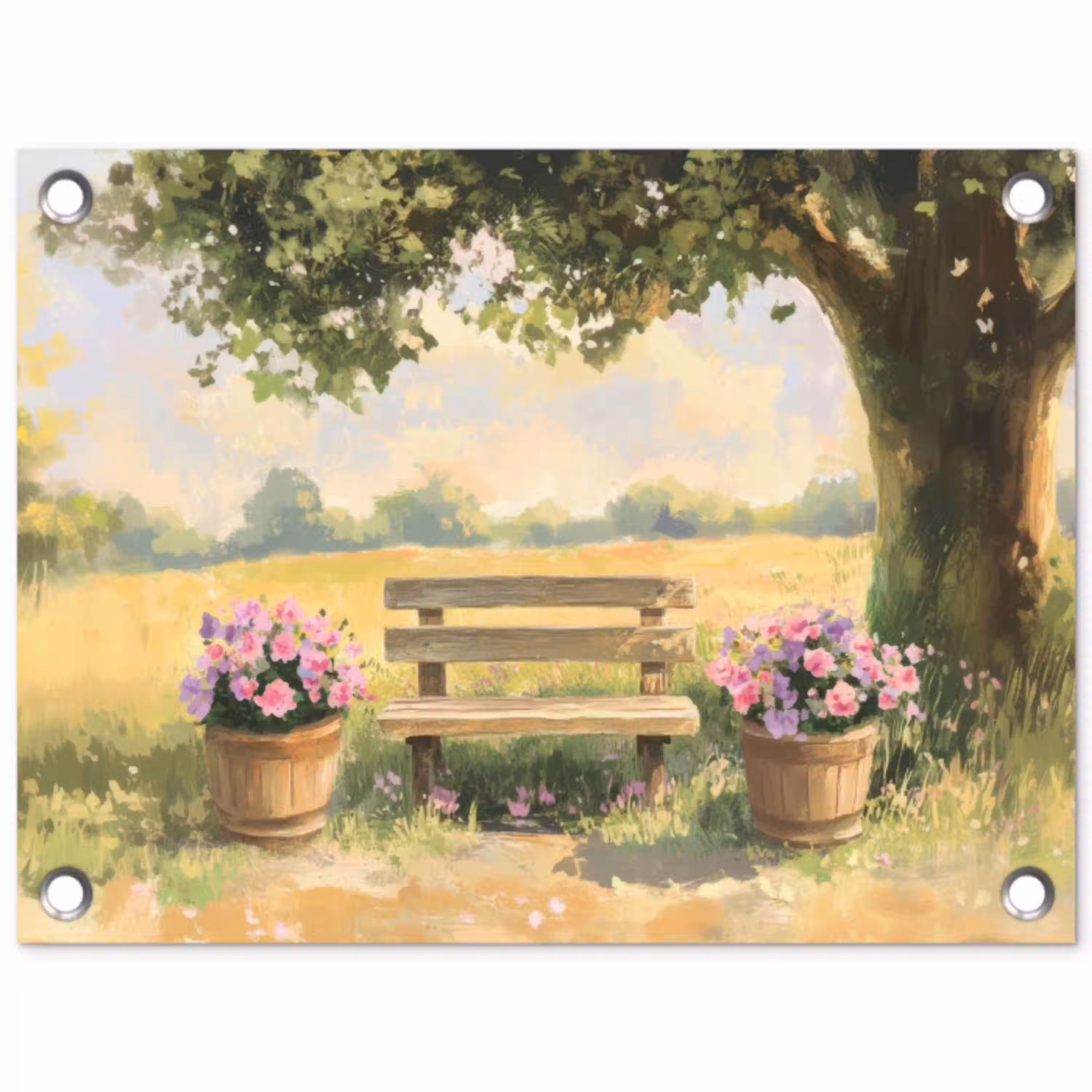 Houten bankje - Bloempotten - Landschap tuinposter los doek klein -3d
