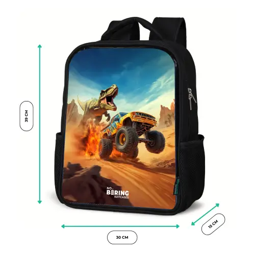 Vluchtende truck voor T-Rex in vurige woestijn Rugzak - Zwart middel -productfoto_formaten