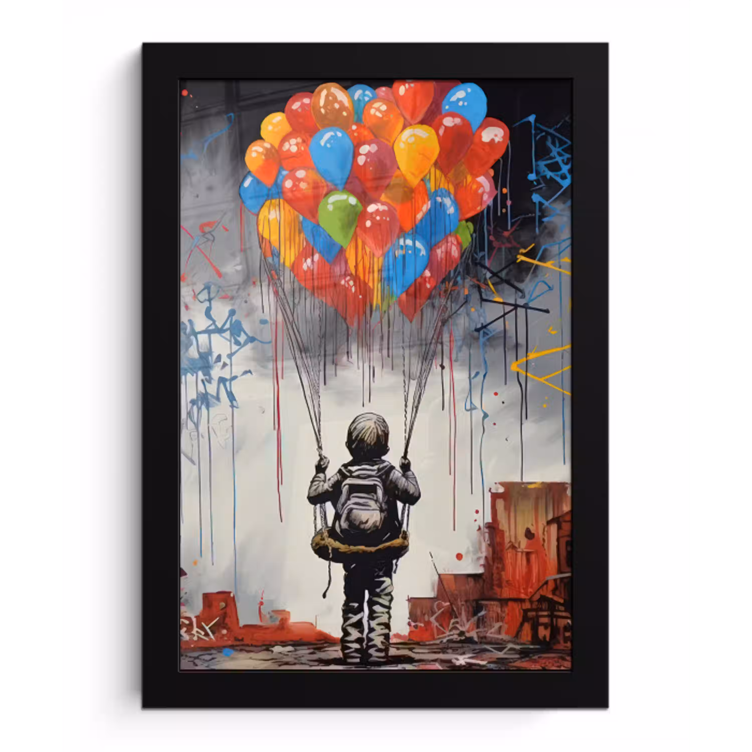 Jongen - Ballonnen - Gebouwen - Kunst fotolijst zwart zonder passe partout klein -3d