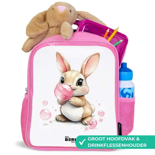 Bruin konijntje met roze bellen Kinderrugzak - Roze middel -inhoud_NL