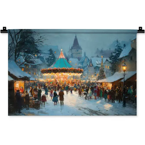Winterkermis - Dorp - Kleurrijk Wandkleed katoen klein -zz3d