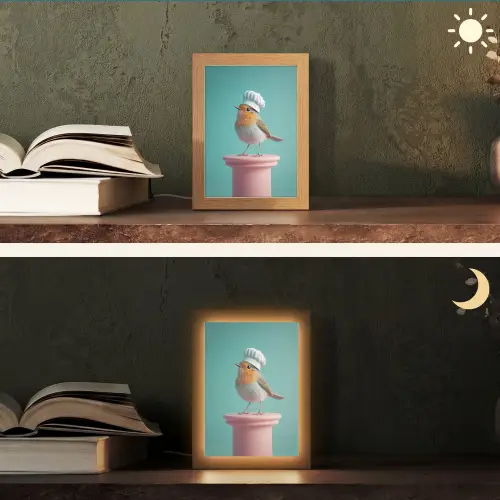 Roodborstje - Vogel - Koksmuts - Sokkel Light Box met kabel (Tafellamp) klein -sfeer3