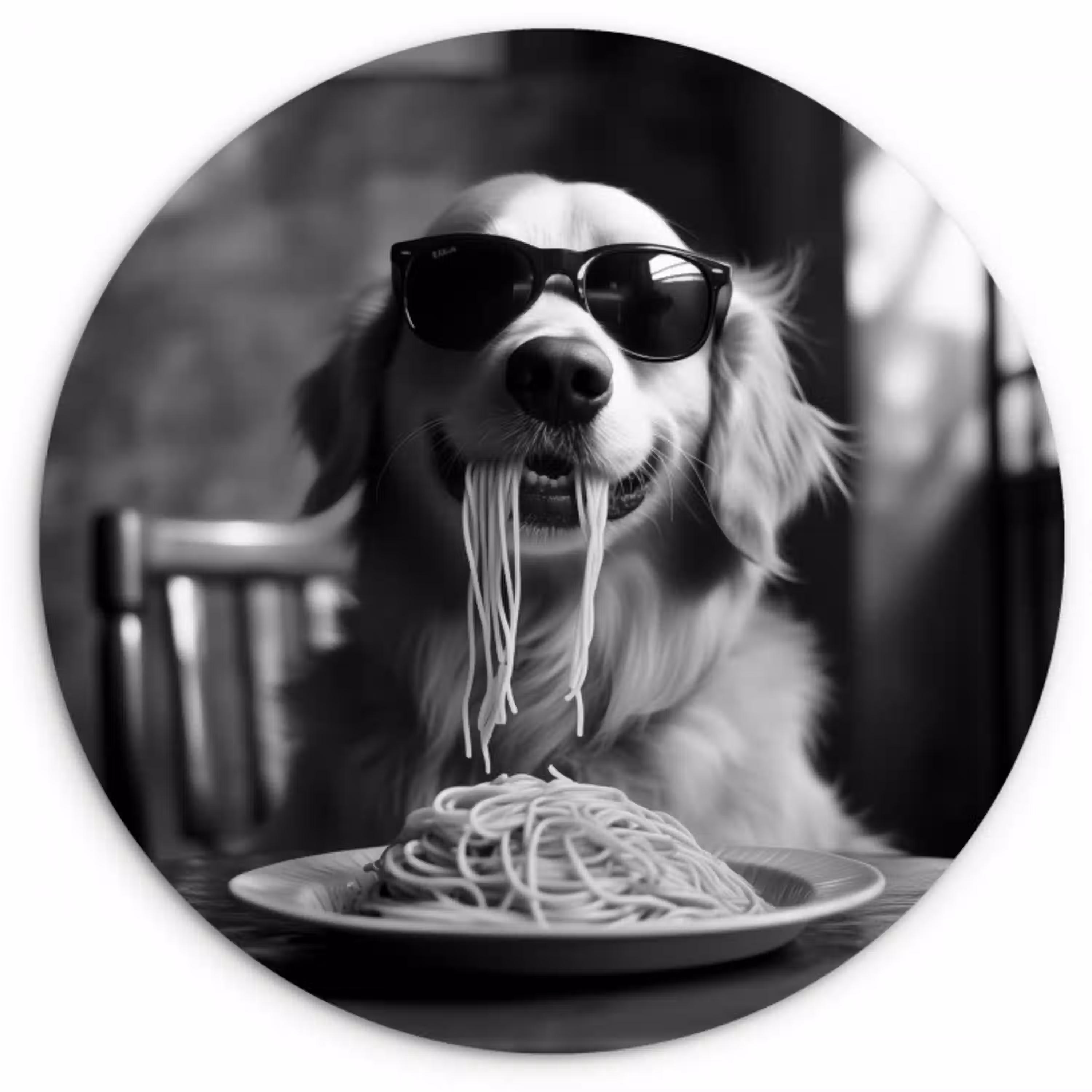Golden Retriever - Hond - Vrolijk -  Bord spaghetti - Zwart - wit Wandcirkel kunststof plaat 5mm dik klein -3d