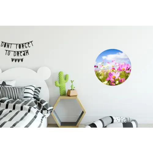 Bloemen - Wei - Paars - Gras - Wit - Wolken - Blauw Wandcirkel aluminium klein -kinderkamer