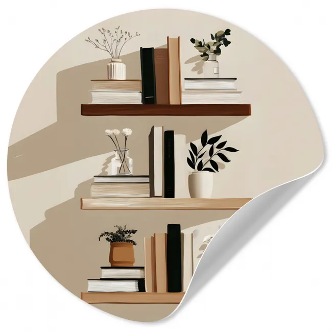 Plankjes - Boeken - Vaasjes - Planten Wandcirkel behangsticker klein -3d
