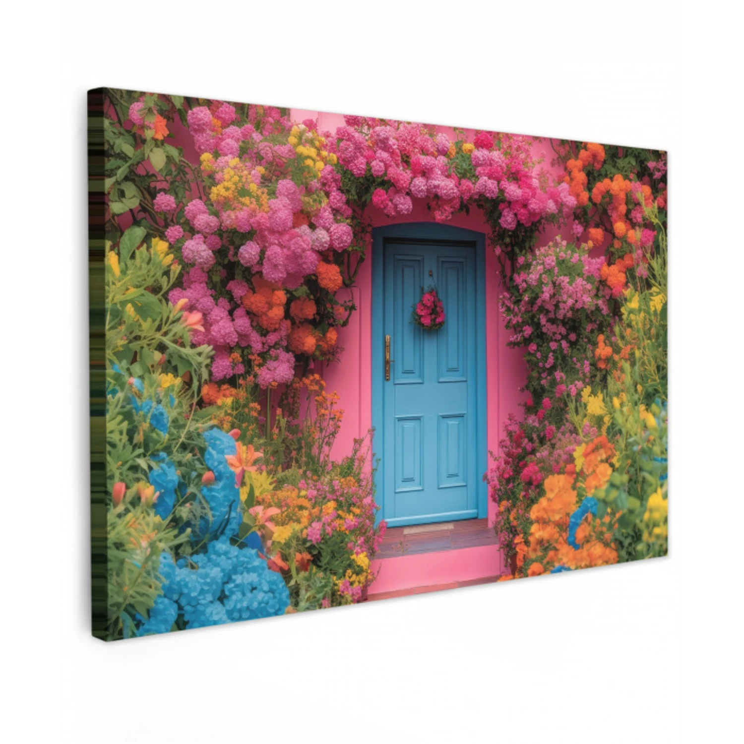 Bloemen - Deur - Roze Tuinposter op houten frame 2 cm dik klein -3d