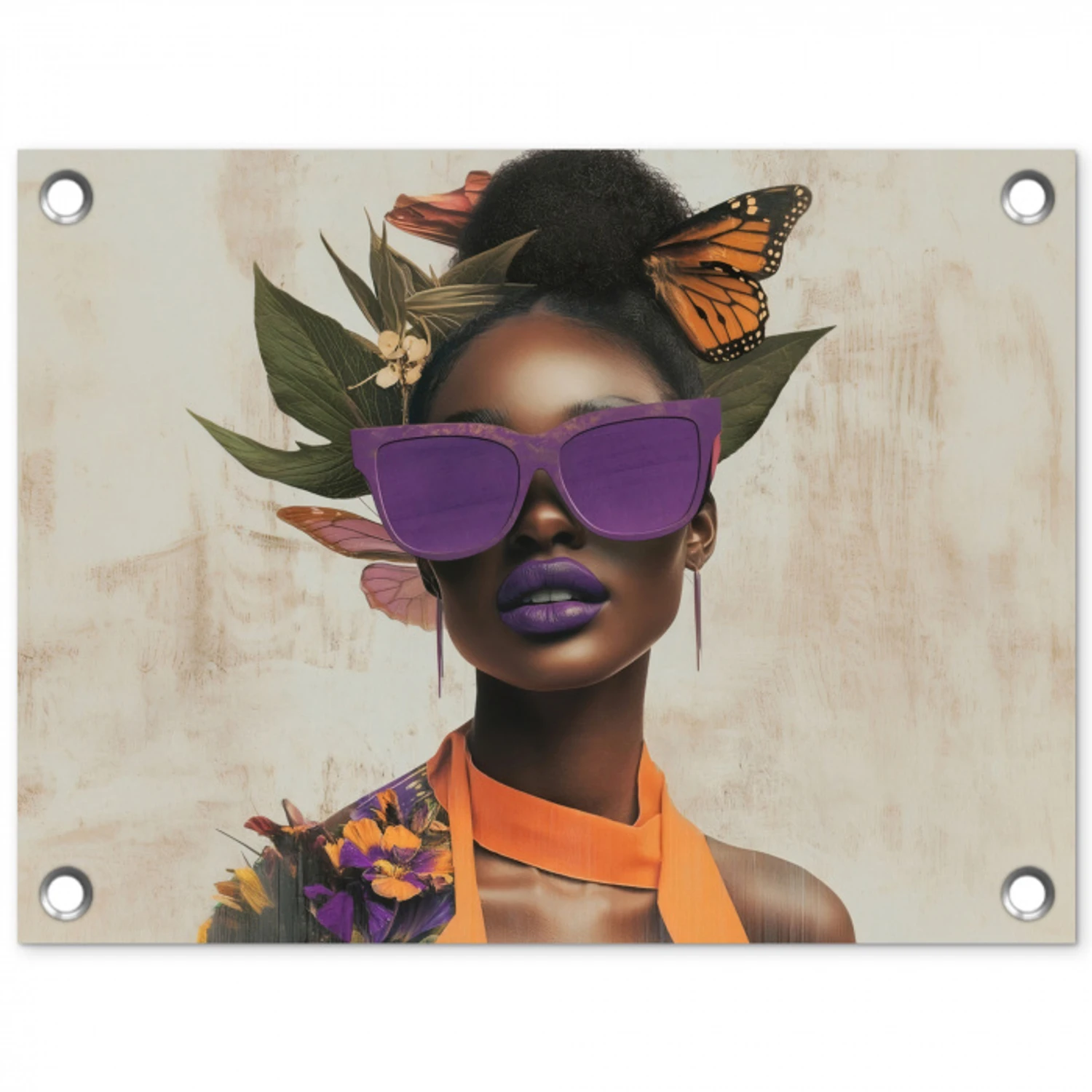 Vrouw - Zonnebril - Vlinder - Bloemen tuinposter los doek klein -3d