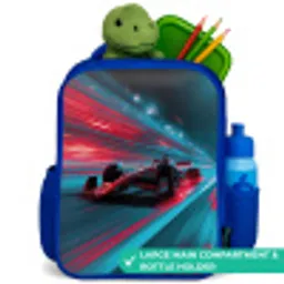 Raceauto - Baan - Neon - Verlichting Kinderrugzak - Blauw middel -inhoud_UK