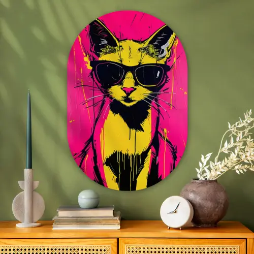 Kat - Art - Zonnebril - Roze Wandcirkel Ovaal Glas middel -sfeer2