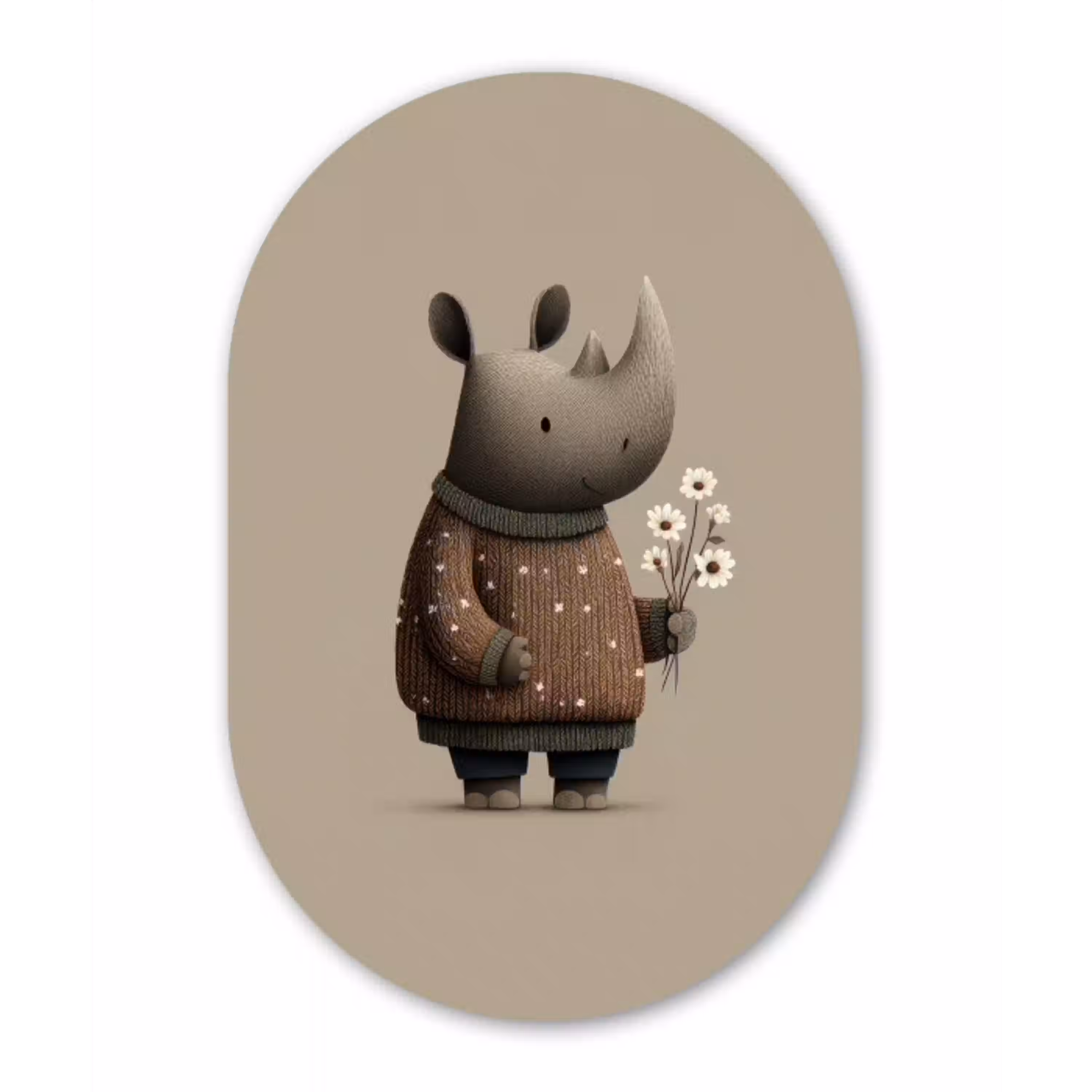 Neushoorn - Witte bloemen - Lief Wandcirkel Ovaal Forex klein -3d