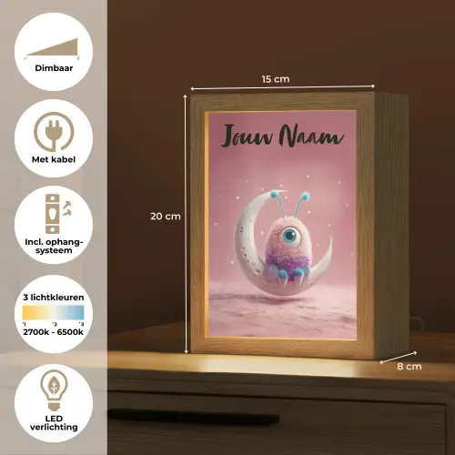 Maan - Monster - Roze Light Box met kabel (Kinderlampje) klein -USP_NL