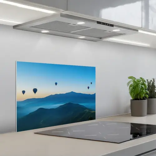 Luchtballonnen - Bergen - Zonsopgang - Landschap keuken achterwand spatscherm klein -3d_schuin