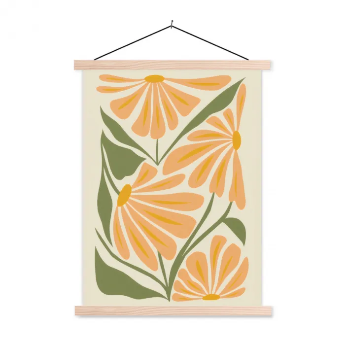 Blaadjes - Zachtoranje - Bloemen textielposter latten blank klein -3d