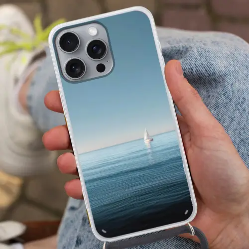 Zeilbootje - Kalme zee - Helderblauwe hemel Hoesje iPhone 16 Pro Max met koord klein -sfeer3