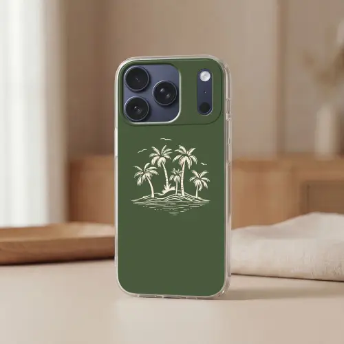Palmbomen - Strand - Groen - Beige - Tropisch Telefoonhoesje iPhone 17 Pro klein -sfeer2