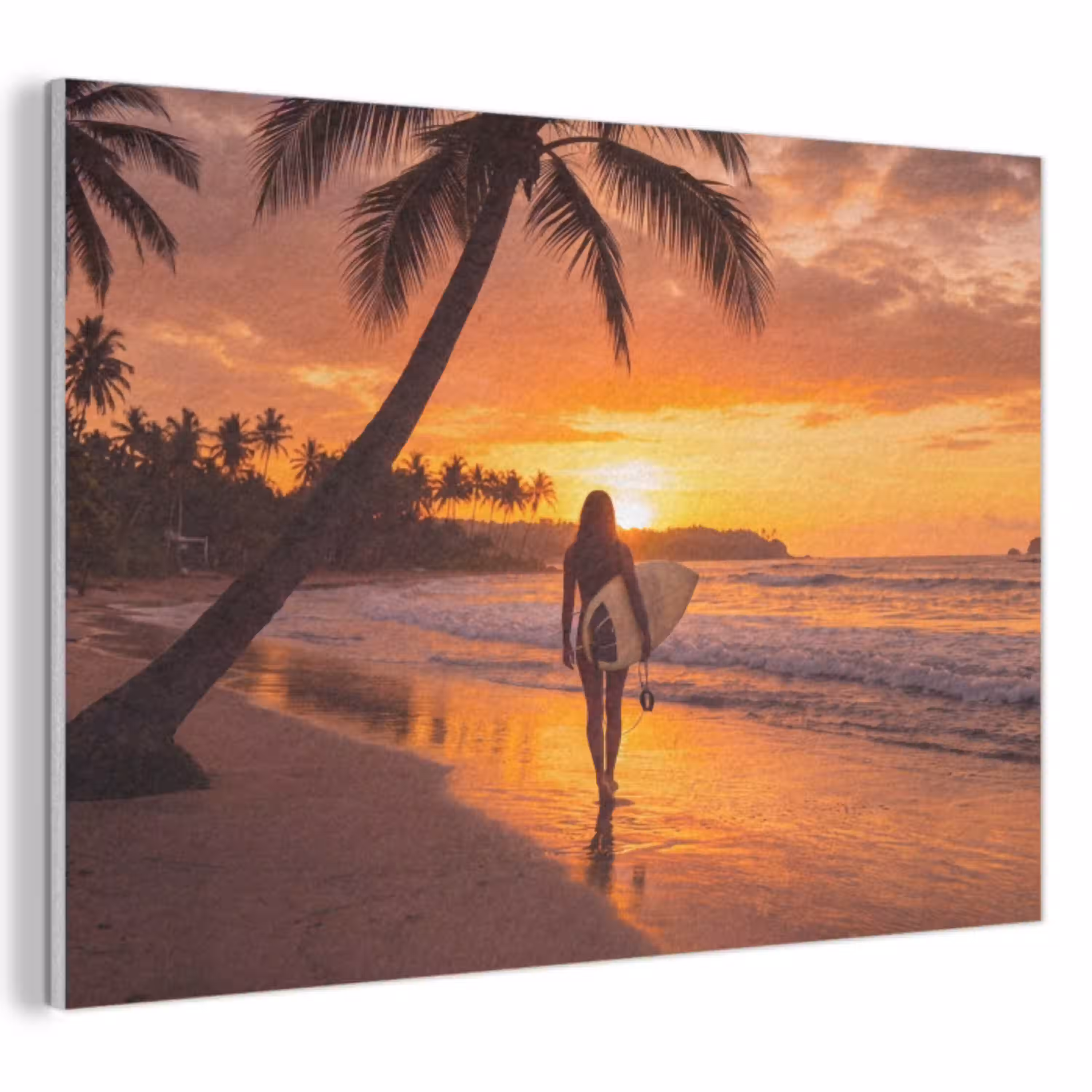Vrouw - Surfplank - Strand - Zonsondergang - Oranje PET vilt klein -3d