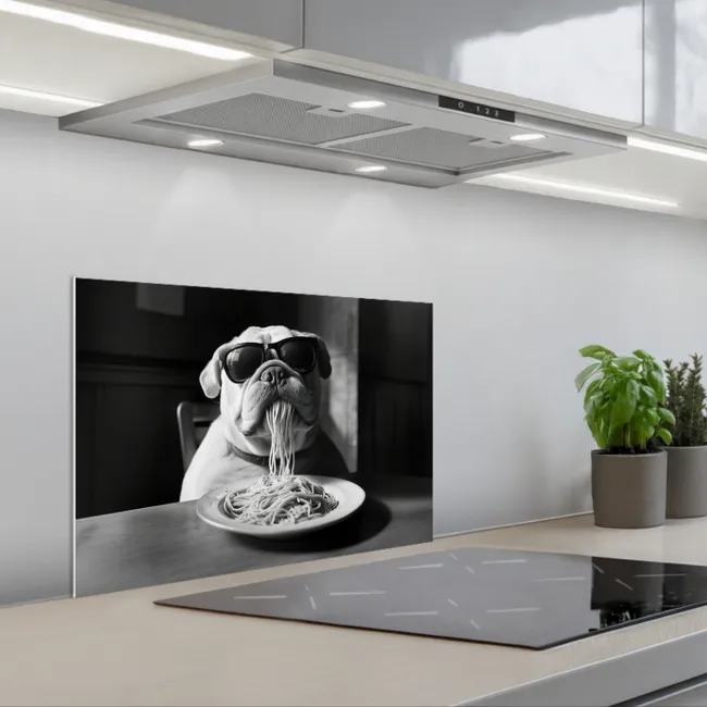 Hond - Bulldog - Pasta - Bril - Stoer - Dieren keuken achterwand spatscherm klein -3d_schuin