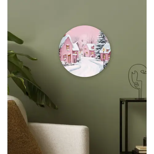 Kerstdorp - Roze - Winter - Sneeuw - Huizen Wandcirkel kunststof plaat 5mm dik klein -sfeer3