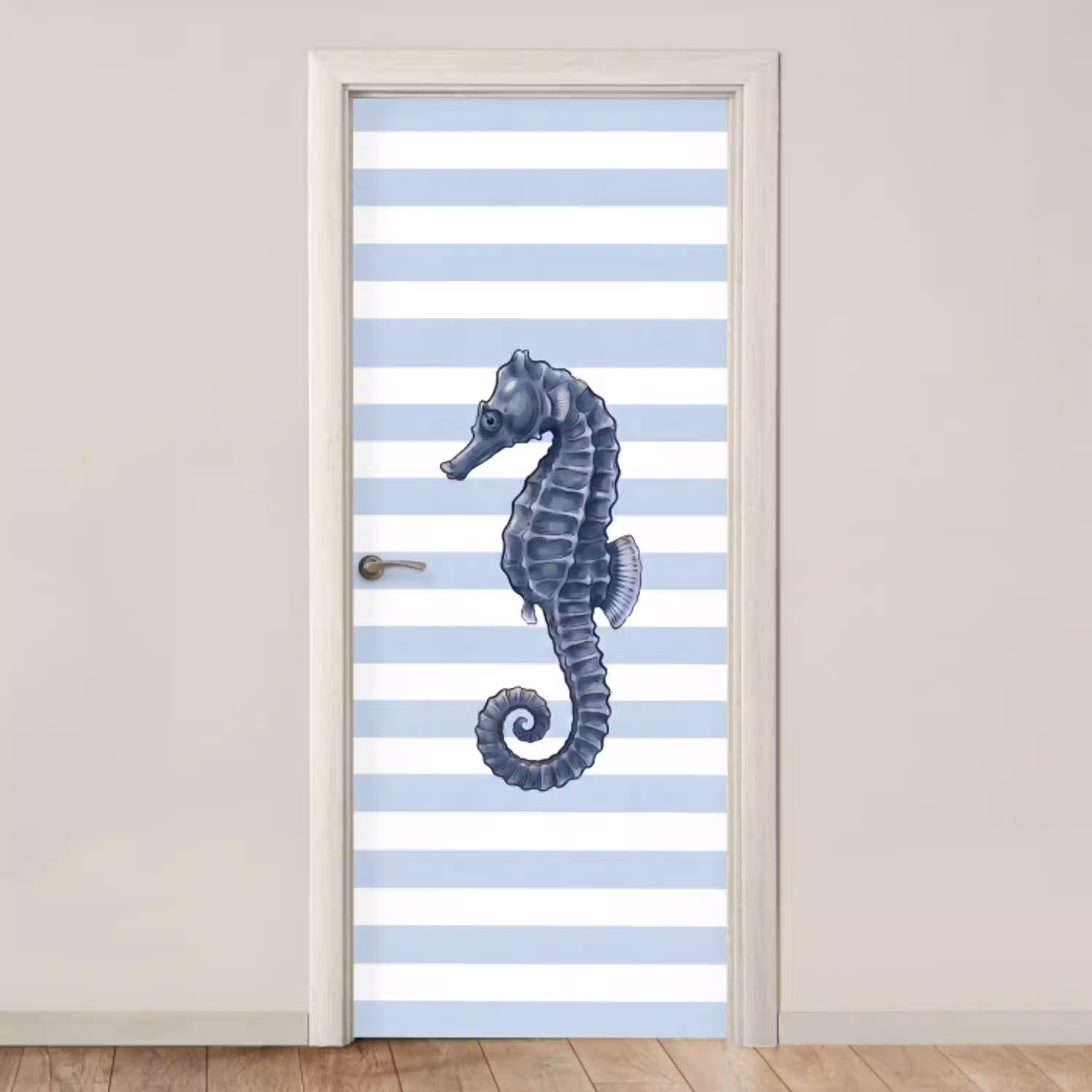 Vis - Oceaan - Illustratie - Blauw - Strepen deurposter klein -3d_beige