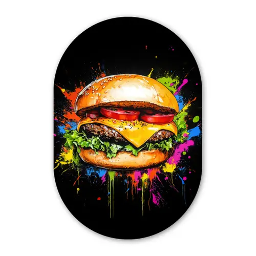 Hamburger - Graffiti - Verf - Kleurrijk - Eten - Abstract Wandcirkel Ovaal Glas middel -3d