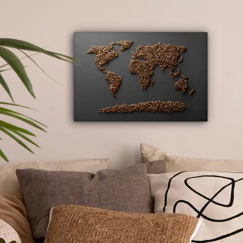 Wereldkaart - Koffie - Grijs canvas 2cm klein -sfeer1