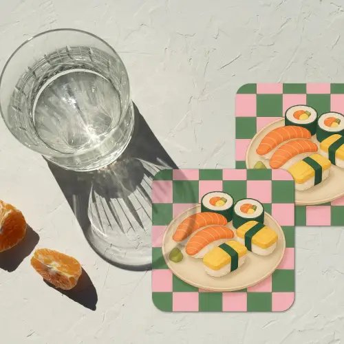 Sushi - Bord - Geblokt - Groen onderzetter kurk middel -sfeer4